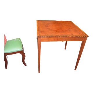 Vintage English Tan / Gold Leather Topped Square Wooden Game or Card Table For Sale