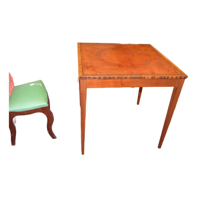 Vintage English Tan / Gold Leather Topped Square Wooden Game or Card Table For Sale