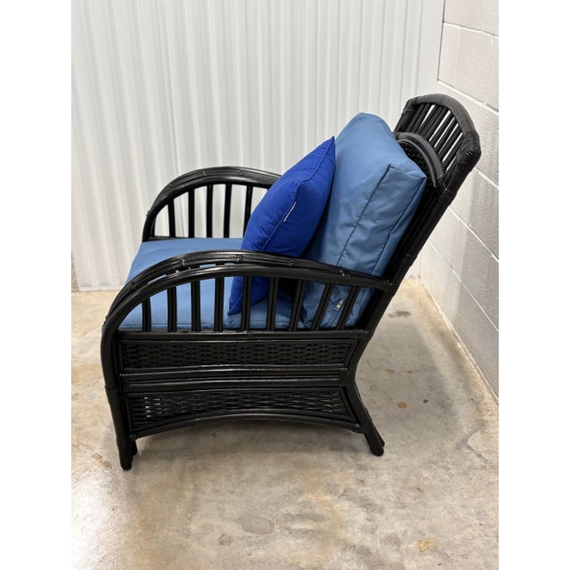 Wood Vintage Rattan Lounge Chair in Black Enamel. McGuire-Style Leather Bindings and Stick Reed Details. Performance Cushions, Professionally Refurbished. For Sale - Image 7 of 9