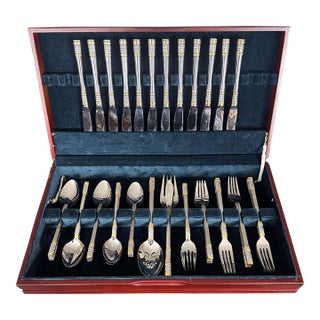 1990s Wallace Golden Corsica Gold Accent 18/10 Stainless Steel Flatware Set for 12, 64 Piece For Sale