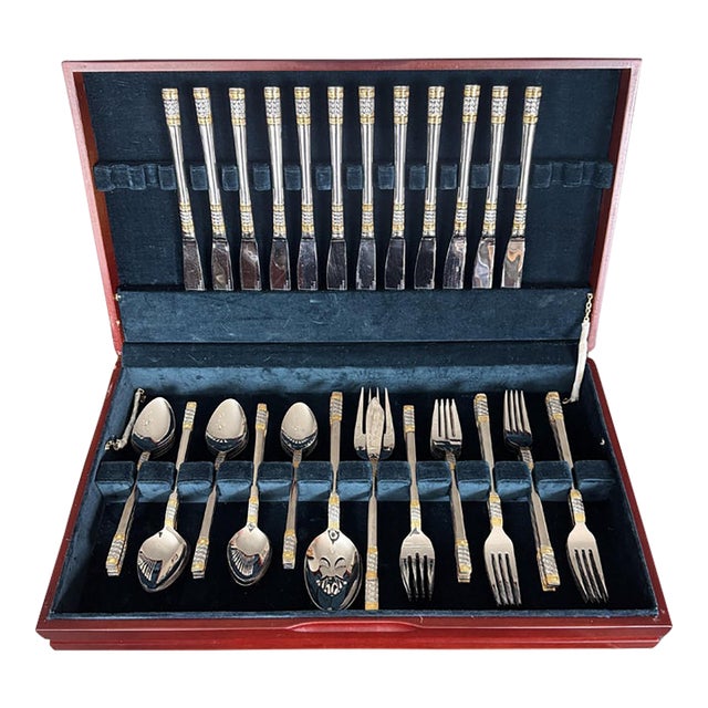 1990s Wallace Golden Corsica Gold Accent 18/10 Stainless Steel Flatware Set for 12, 64 Piece For Sale