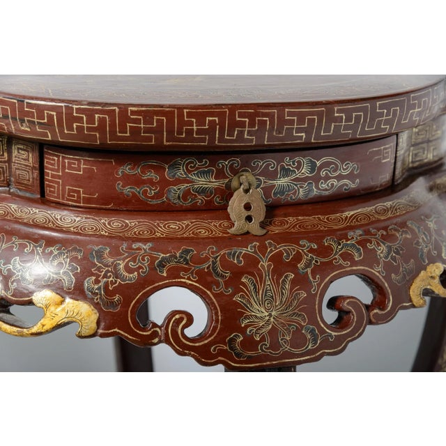 Maroon Pair of Chinese Painted & Lacquered Parcel Gilt Chinoiserie Tall Pedestals For Sale - Image 8 of 13