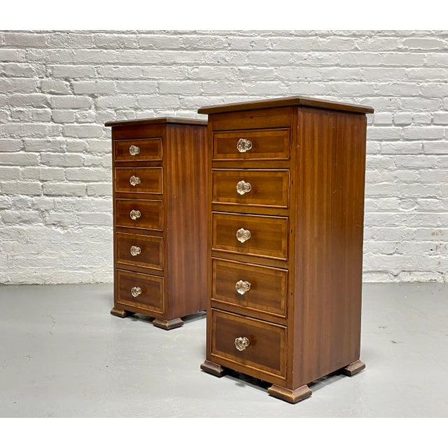 Pair of Federal Style Narrow Mahogany Dressers | 1920's Skinny Nightstands Glass Knobs For Sale - Image 9 of 13