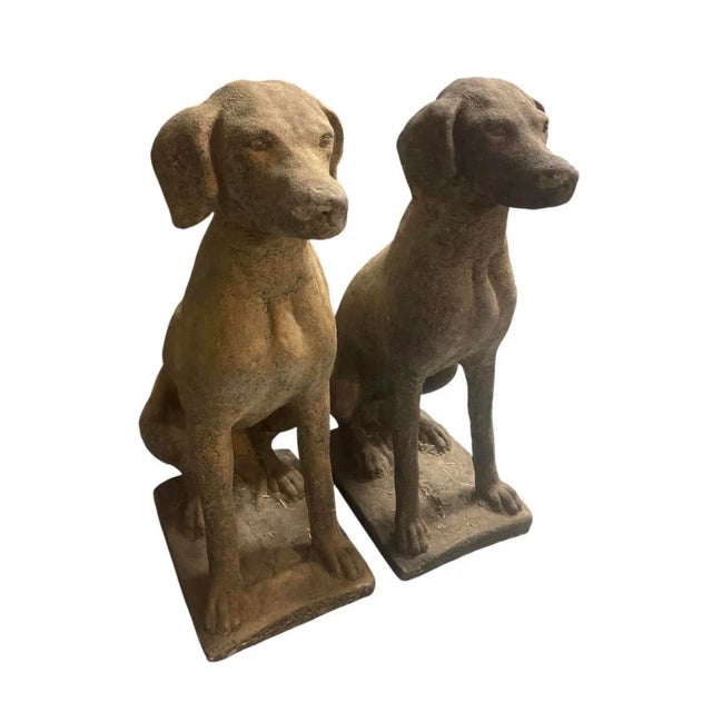 Pair of Vintage Weathered Cast Stone Seated Pointer Garden Statues For Sale - Image 4 of 12