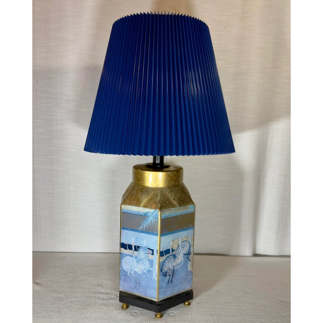 Chinoiserie Vintage Chinoiserie Reverse Painted Hexagonal Tang Horse Table Lamp With Bespoke Navy Blue Shade For Sale - Image 3 of 12