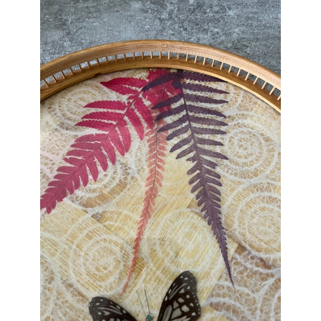 Folk Art 1970s Boho Chic Pressed Butterfly Bamboo Tray For Sale - Image 3 of 7