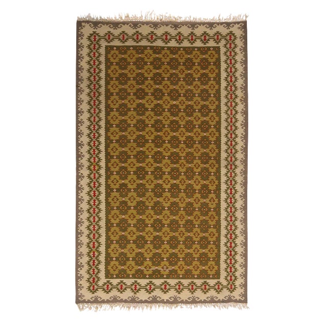 Vintage Mid-Century Sarkoy Geometric Beige-Brown and Green Wool Kilim Rug For Sale
