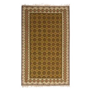 Vintage Mid-Century Sarkoy Geometric Beige-Brown and Green Wool Kilim Rug