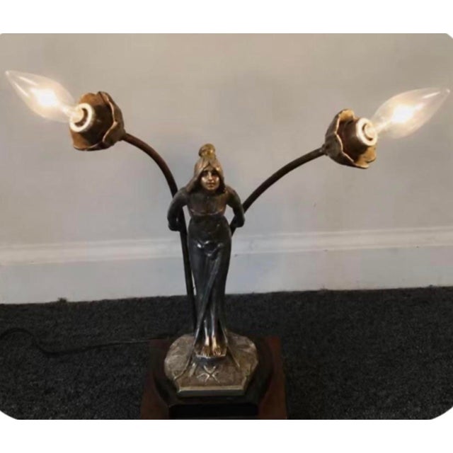 Copper Antique Art Nouveau Figural Spelter “Lady" Table Lamp, 12” High For Sale - Image 8 of 9