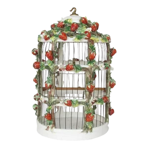 Vintage Capodimonte Style Italian Ceramic Decorative Aviary / Bird Cage With Strawberries