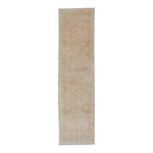 Long Oushak Runner With Subdued Design and Neutral Color Palette For Sale