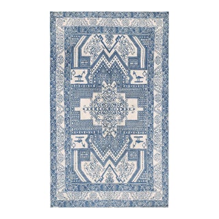 1930s Blue Abstract Geometric Antique N. Indian Agra Cotton Rug 4' X 6'6" Handknotted Carpet For Sale