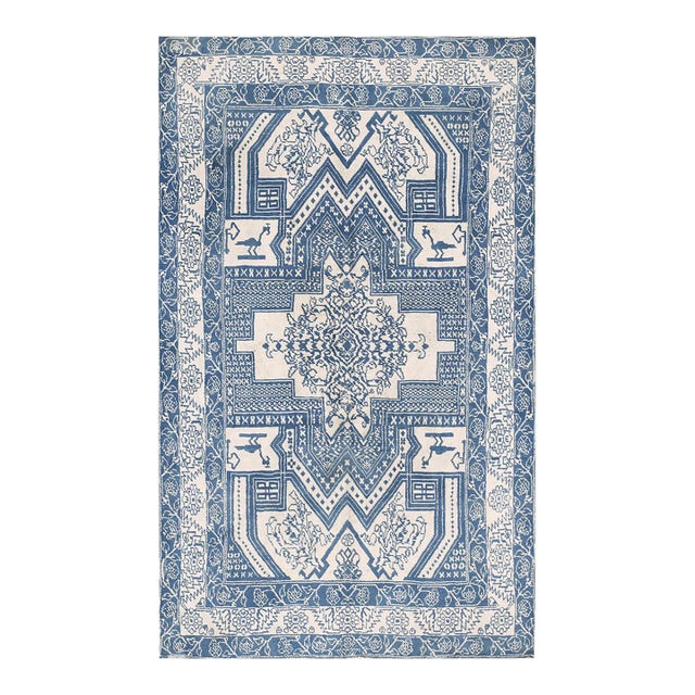 1930s Blue Abstract Geometric Antique N. Indian Agra Cotton Rug 4' X 6'6" Handknotted Carpet For Sale