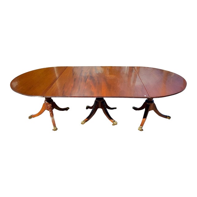 143-in Antique Mahogany 3 Pillar Regency Style Dining Table 2 Leaves For Sale