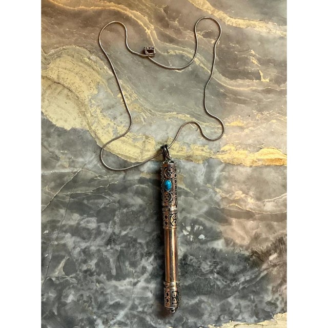 Vintage Ornate Silver and Turquoise Pendant Necklace For Sale - Image 12 of 12
