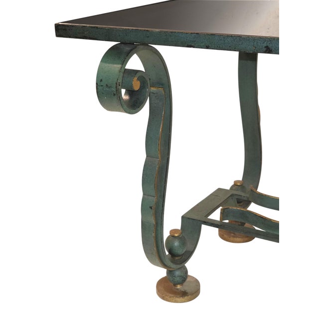 1940's French Coffee Table -Green Patinated Iron & Gilt W/ Smoke Glass Top For Sale In New York - Image 6 of 11