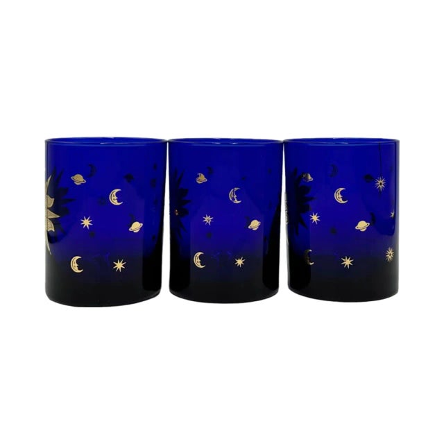 Mid 20th Century Vintage Set of 3 Culver Blue Celestial Sun Stars Moon Tumbler Cocktail Glasses For Sale - Image 5 of 12