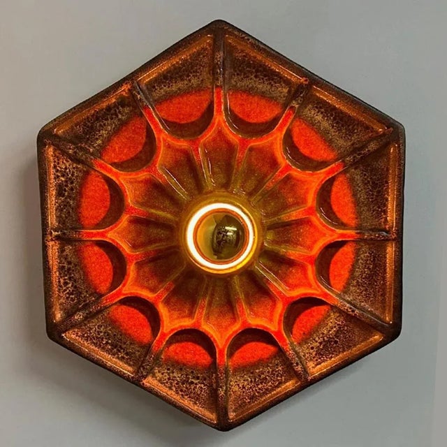 German Orange Hex-Shaped Ceramic Wall Lights, 1970, Set of 2 For Sale - Image 6 of 10