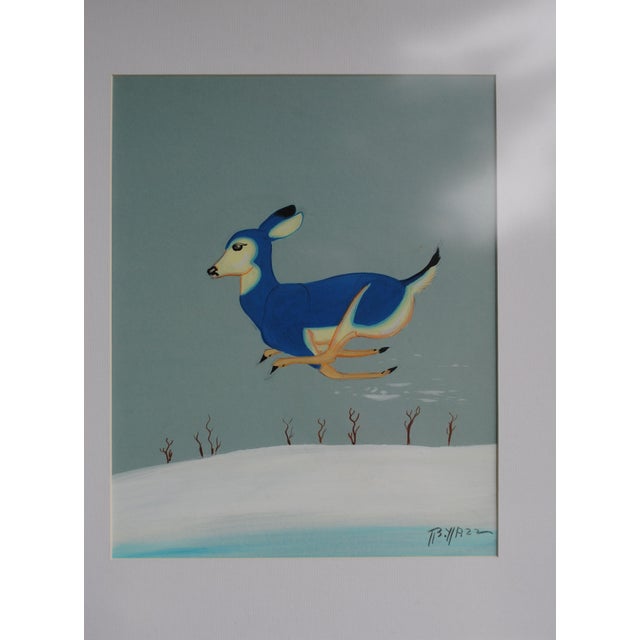 Native American Vintage Beatien Yazz Navajo Gouache Original Painting Blue Deer Signed For Sale - Image 3 of 10