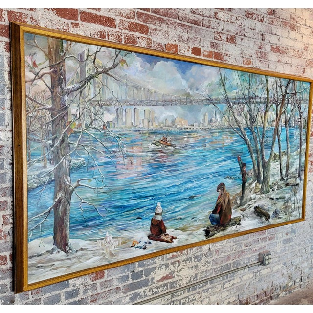 E. Case -Children at Play at Park Over the Brooklyn Bridge-Monumental Oil Painting For Sale - Image 11 of 13