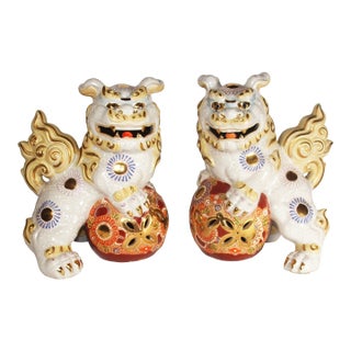 Pair of Vintage Japanese Kutani Foo Dogs Temple Lion For Sale