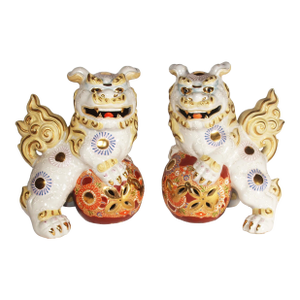 Pair of Vintage Japanese Kutani Foo Dogs Temple Lion