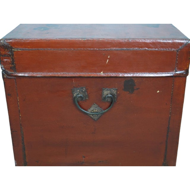 Red Red 31" Inch Long Antique Red Leather Accent Trunk Table For Sale - Image 8 of 12