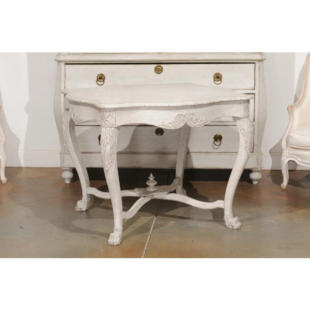 1850s Swedish Painted Center Table with Carved Volutes and Cross Stretcher For Sale - Image 4 of 12