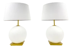 Vintage Opal Glass and Brass Table Lamps by Holtkötter, Germany, 2000s, Set of 2