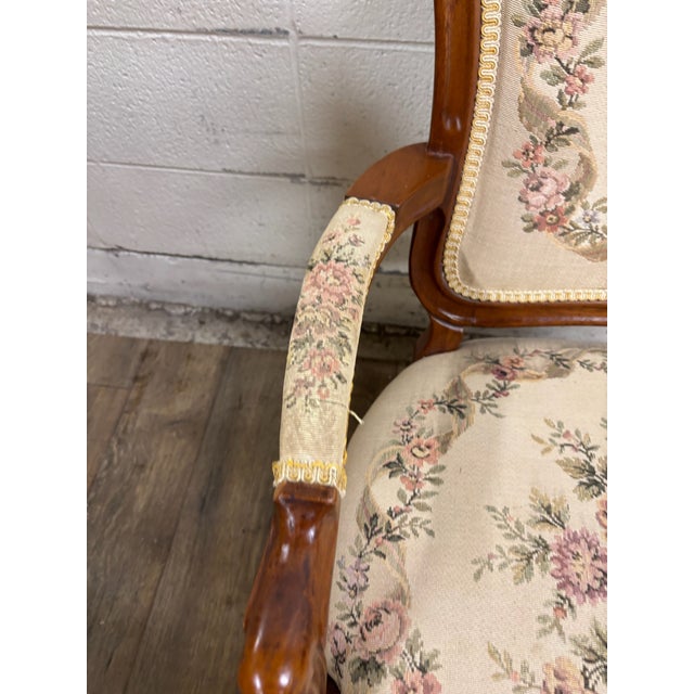Textile Vintage French Louis XV Regency Style Carved Needlepoint Upholstered Armchair For Sale - Image 7 of 12