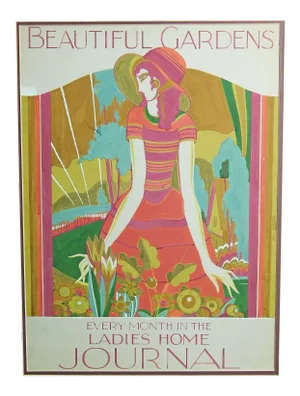 Early 20th Century "Gardens" Art Deco Gouache Painting by with Schatz, Framed