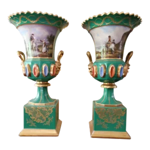 Antique Pair of Paris Porcelain Jade Color Urns