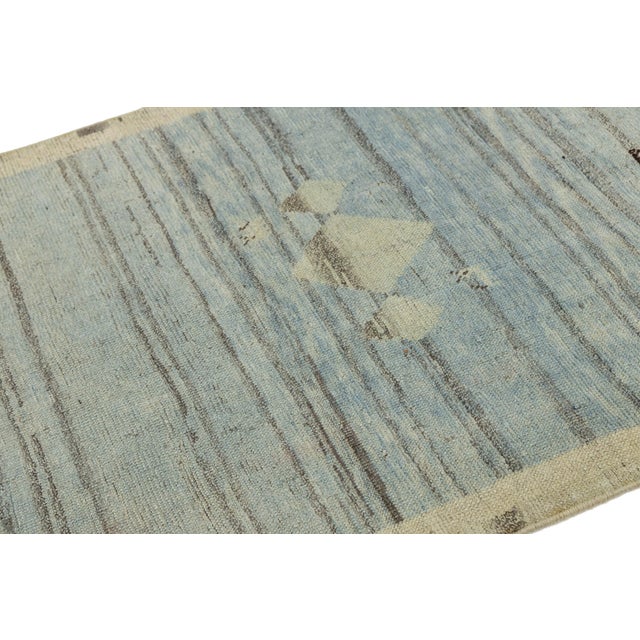 Textile Modern Hand-Knotted Gabbeh Wool Rug – Minimalist Blue & Grey Geometric Tribal For Sale - Image 7 of 8