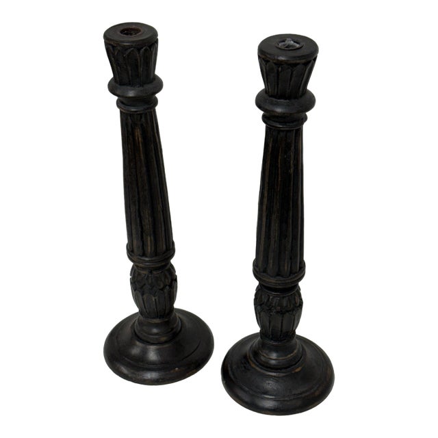 Vintage Wood Candle Holders, Pair For Sale