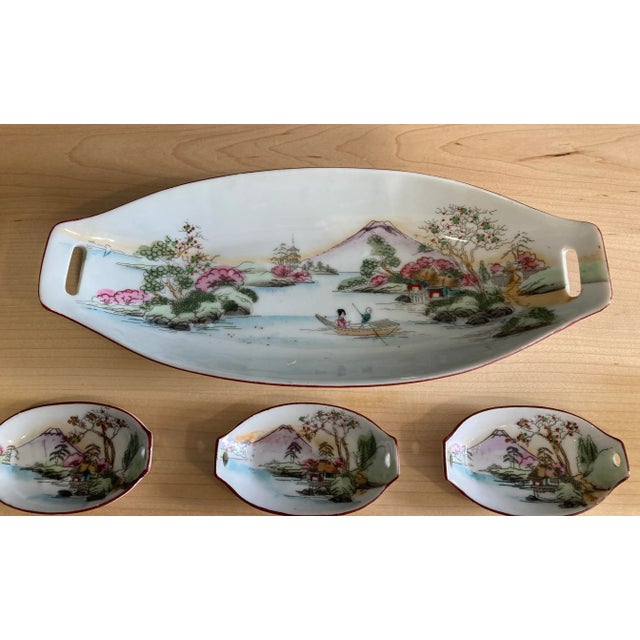 Early 20th Century Vintage Hand Painted Japanese Sushi Serving Set With Mount Fuji Landscape, 7 Pieces For Sale - Image 5 of 9
