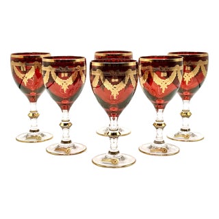 Vintage Italian Ruby Red Crystal Wine Goblets with 24k Gold Neoclassical Garlands by Interglass, 1980s, Set of 6 For Sale