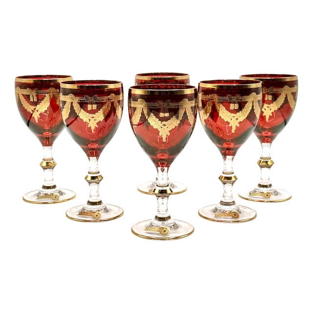 Vintage Italian Ruby Red Crystal Wine Goblets with 24k Gold Neoclassical Garlands by Interglass, 1980s, Set of 6 For Sale