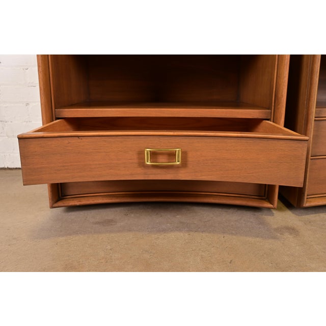 Wood A Pair of Paul Frankl for Johnson Furniture Mid-Century Modern Concave Walnut Nightstands, Circa 1950s For Sale - Image 7 of 14