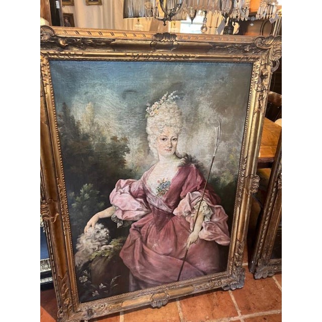 Wood Pair of Large Antique Oil Paintings on Canvas Gilt Frame For Sale - Image 7 of 12