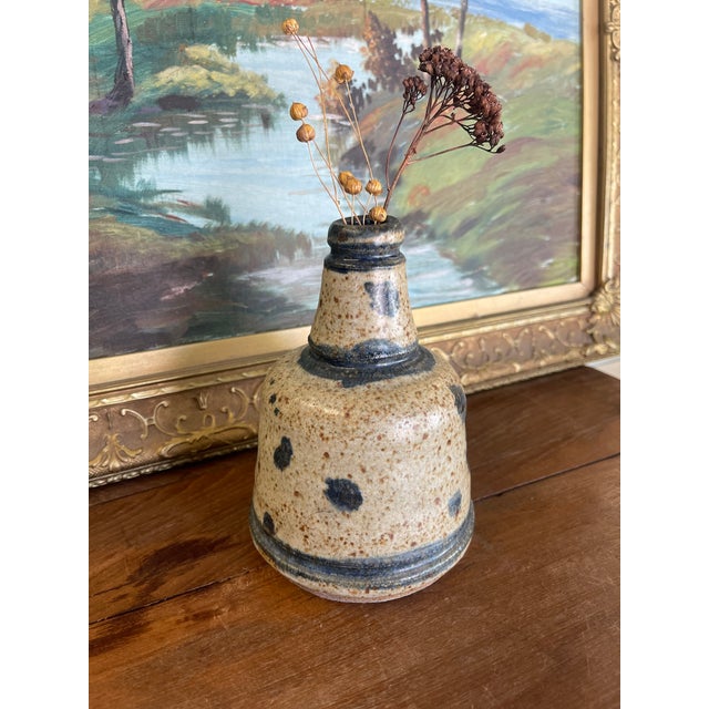Mid-Century Modern Signed Vintage Studio Pottery Vase by Matay, Hand Thrown Stoneware With Speckled Glaze and Cobalt Brush Accents. For Sale - Image 3 of 10
