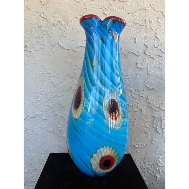 1960s Large Vintage Murano Art Glass Vase With Millefiori Flowers, Gold Aventurine & Heart-Shaped Rim, Italy For Sale - Image 5 of 12