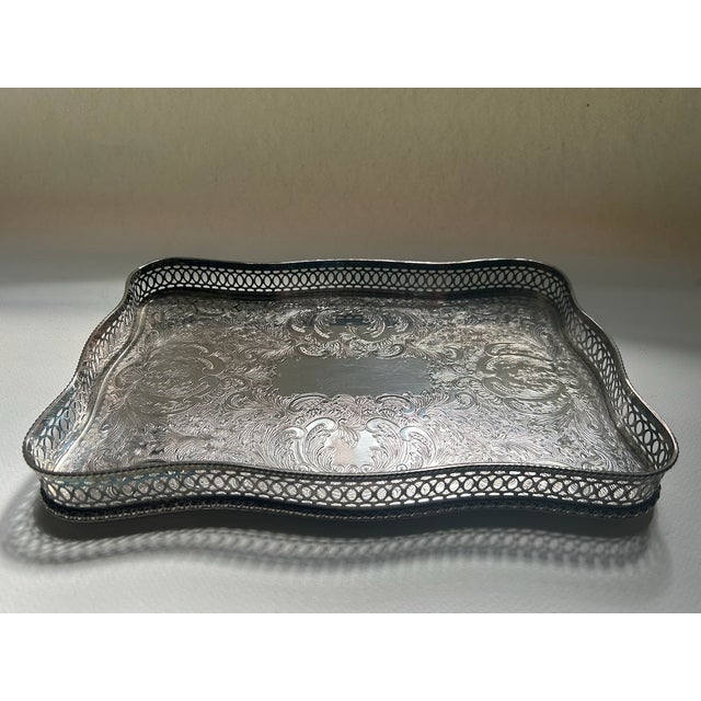 Metal Vintage Sheffield England Rimmed Silver Plated Copper Tray For Sale - Image 7 of 18
