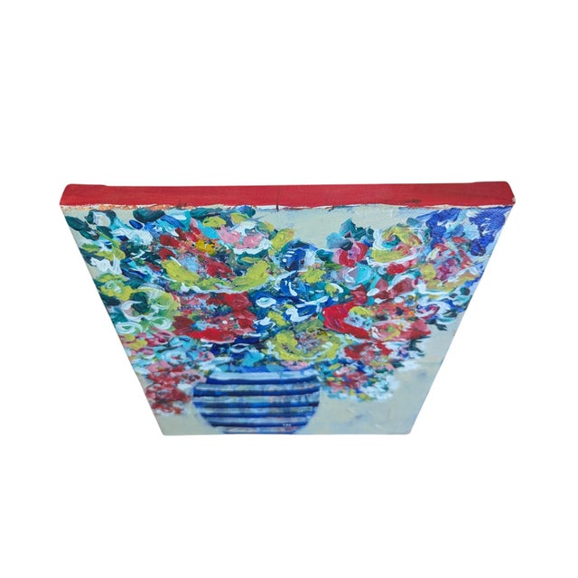 Early 21st Century Original Still Life Expressionist Floral Bouquet in a Blue Striped Vase Painting For Sale - Image 5 of 8