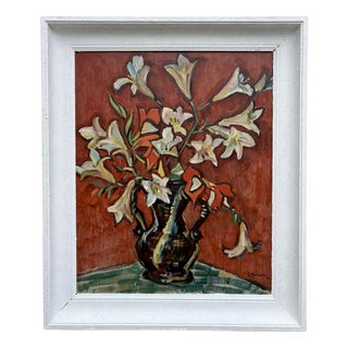 Louis Ferrand, Still Life with Vase of Flowers, 1961, Oil Painting on Cardboard, Framed For Sale