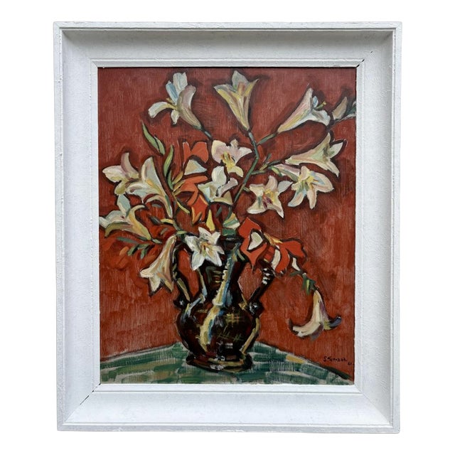 Louis Ferrand, Still Life with Vase of Flowers, 1961, Oil Painting on Cardboard, Framed For Sale