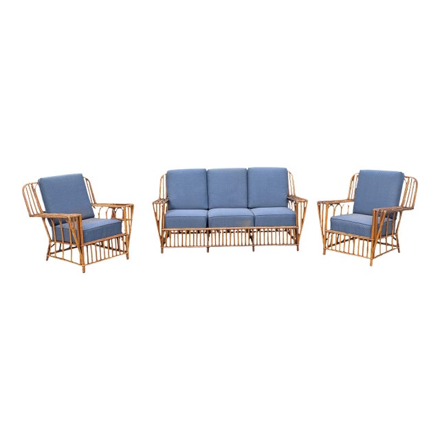 1930s Attributed to Heywood-Wakefield Stick Rattan Art Deco 3-Piece Suite (Sofa + Pair of Lounge Chairs Set) For Sale