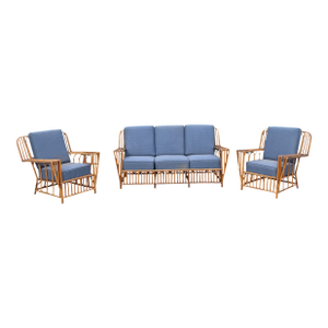 1930s Attributed to Heywood-Wakefield Stick Rattan Art Deco 3-Piece Suite (Sofa + Pair of Lounge Chairs Set)