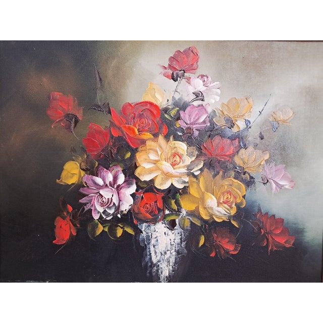 Vintage Floral Oil Painting on Canvas with Ornate Gilt Frame Flowers, Circa 1980 For Sale - Image 14 of 18