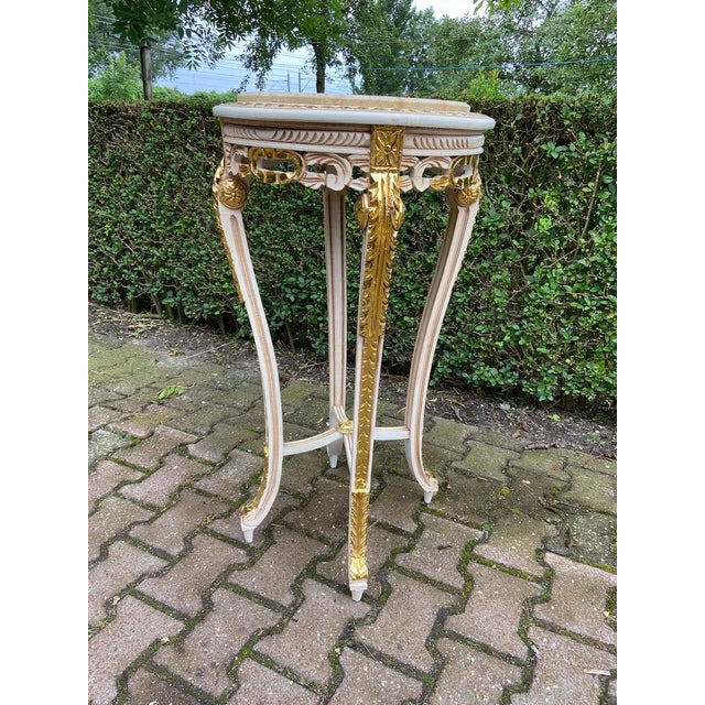 1970s French Louis XVI Antique/White Cream Gold Marble Side Tables- Pair For Sale - Image 13 of 14
