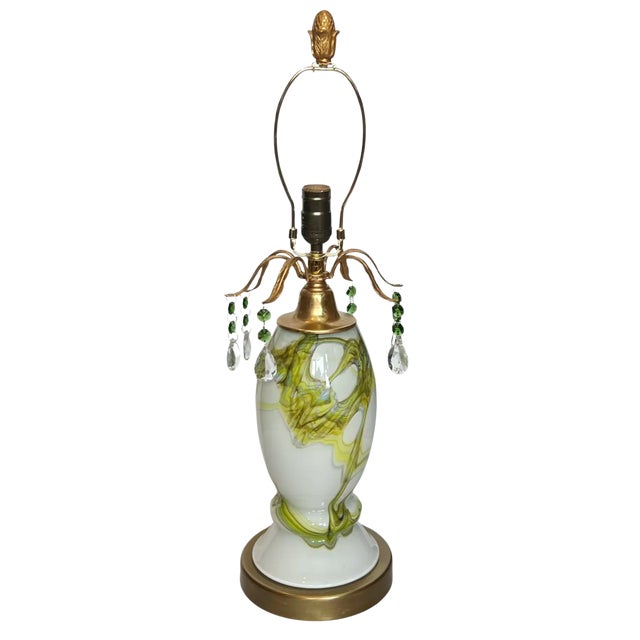 Metal Polish Art Glass Green White Table Lamp For Sale - Image 7 of 12